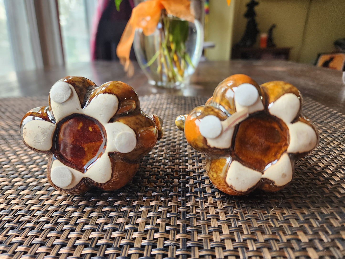 Fall Harvest Majolica Pottery Pumpkin Decoration Orange and Brown Glaze, 2 Included