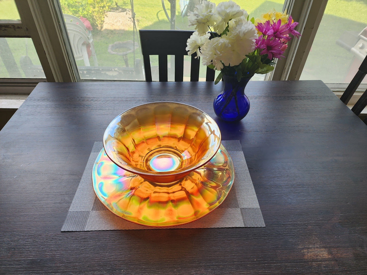 Vintage Marigold Carnival Glass Bowl and Platter, Matching Set