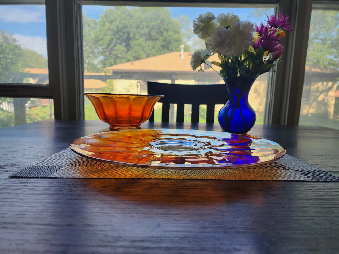 Vintage Marigold Carnival Glass Bowl and Platter, Matching Set