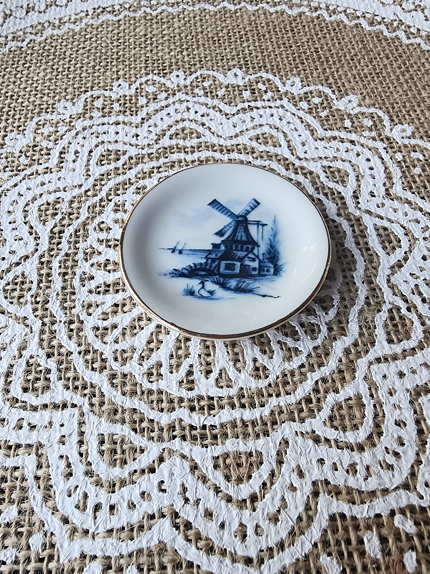 Dollhouse Miniatures Vintage Crown West Fine Porcelain Blue and White Windmill Plate 2"