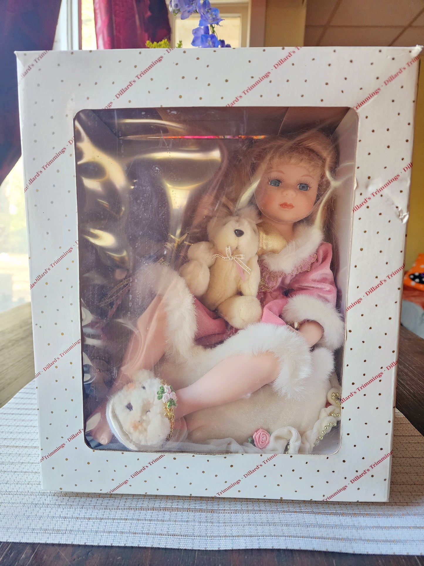 Vintage Dillard's Trimmings Porcelain Doll Sitting On Pillow with Bear Slippers, Christmas Doll