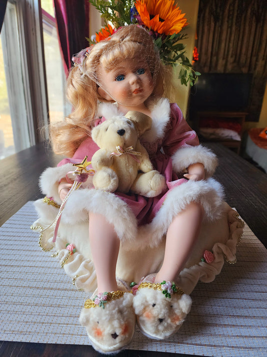 Vintage Dillard's Trimmings Porcelain Doll Sitting On Pillow with Bear Slippers, Christmas Doll