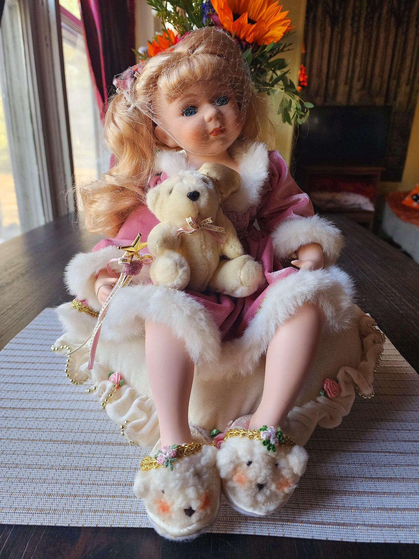 Vintage Dillard's Trimmings Porcelain Doll Sitting On Pillow with Bear Slippers, Christmas Doll