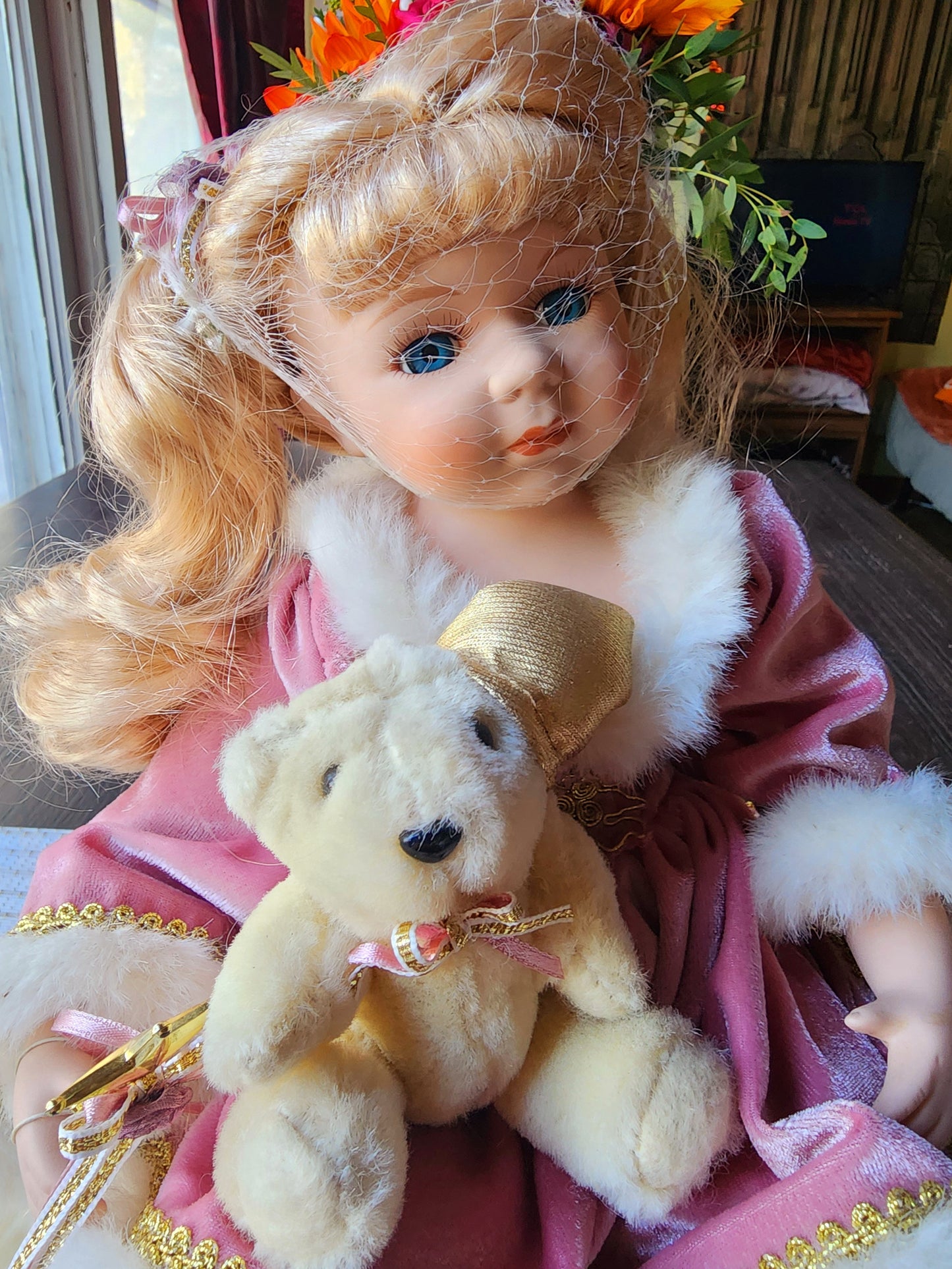 Vintage Dillard's Trimmings Porcelain Doll Sitting On Pillow with Bear Slippers, Christmas Doll