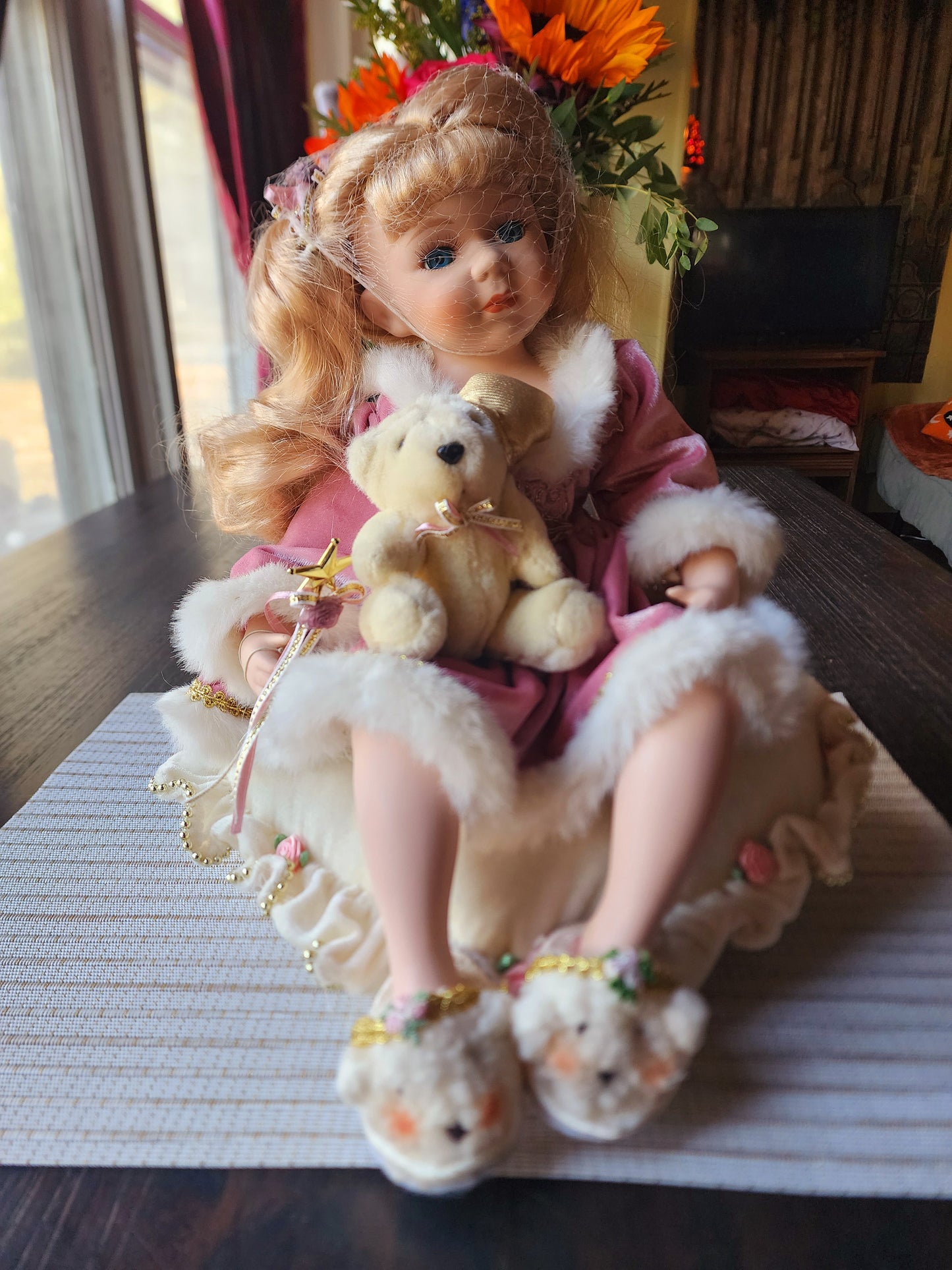 Vintage Dillard's Trimmings Porcelain Doll Sitting On Pillow with Bear Slippers, Christmas Doll