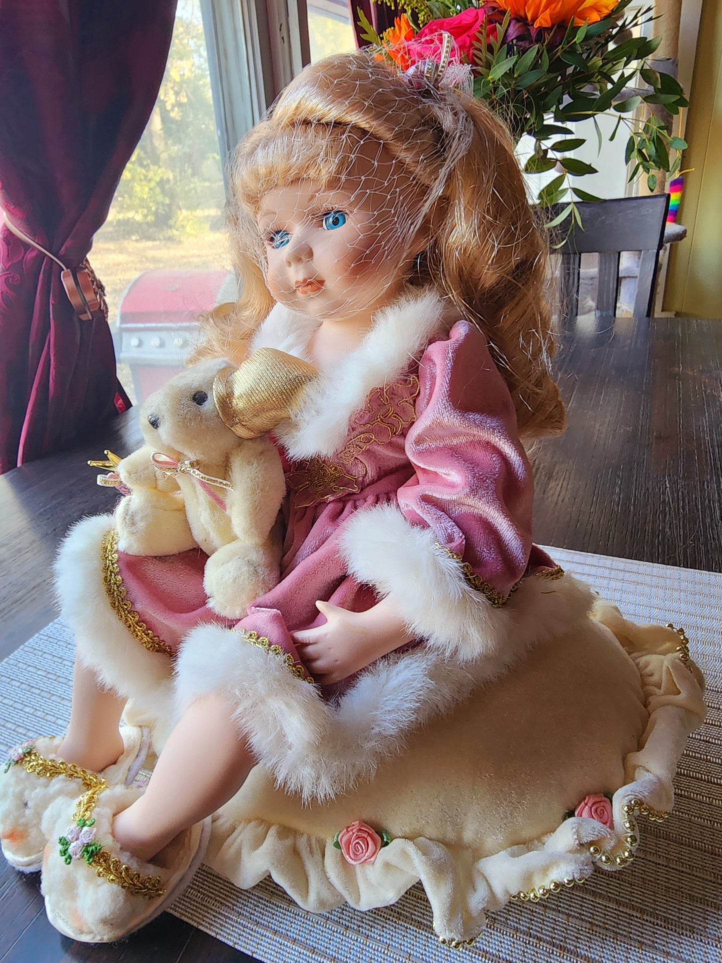 Vintage Dillard's Trimmings Porcelain Doll Sitting On Pillow with Bear Slippers, Christmas Doll