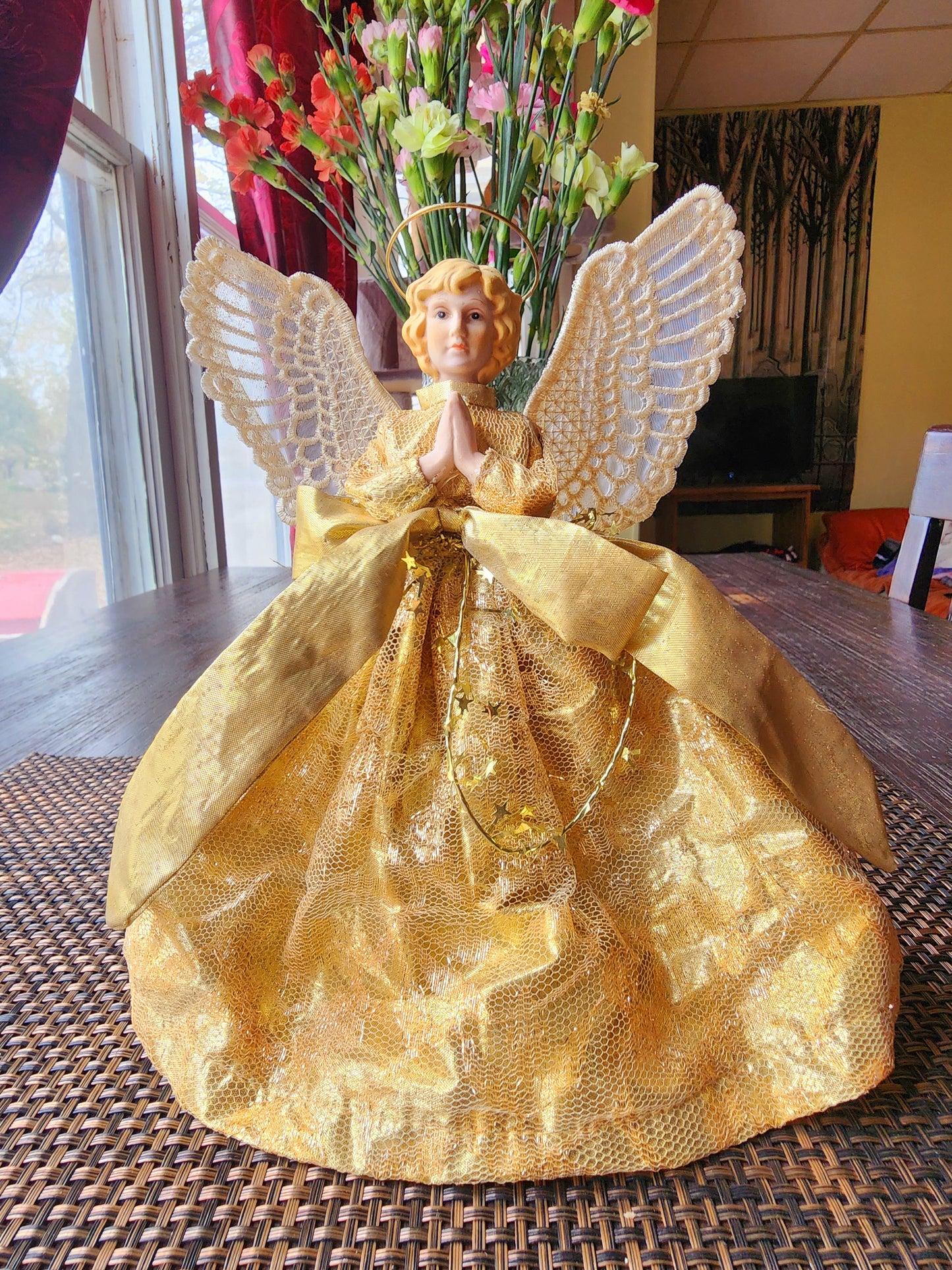 Vintage Angel Porcelain Face Christmas Ornament Tree Topper 9” Gold Dress