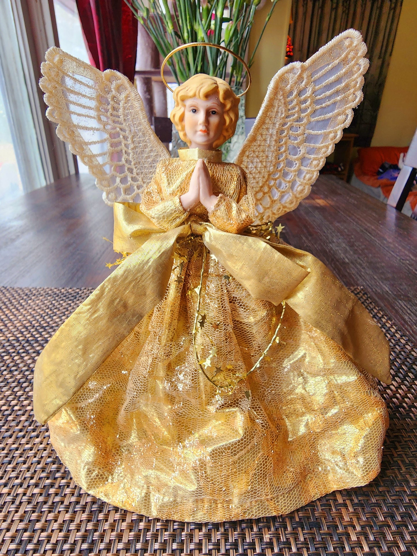 Vintage Angel Porcelain Face Christmas Ornament Tree Topper 9” Gold Dress