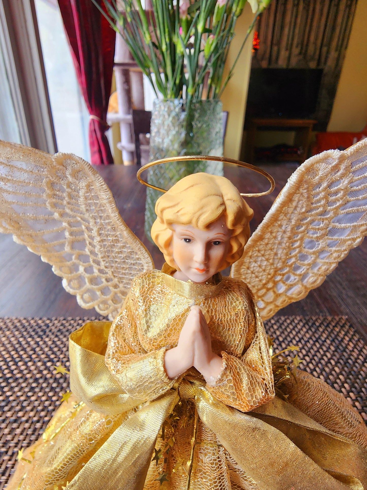 Vintage Angel Porcelain Face Christmas Ornament Tree Topper 9” Gold Dress