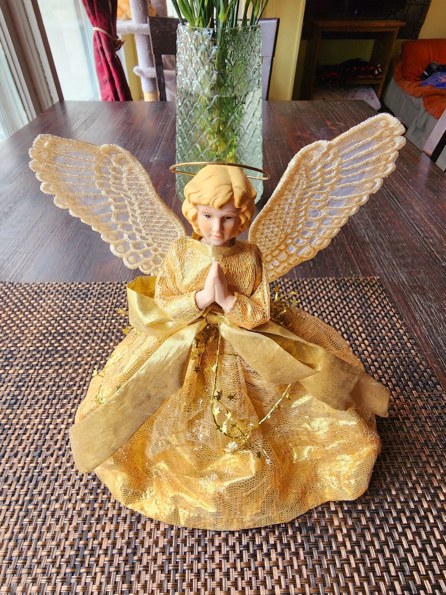 Vintage Angel Porcelain Face Christmas Ornament Tree Topper 9” Gold Dress