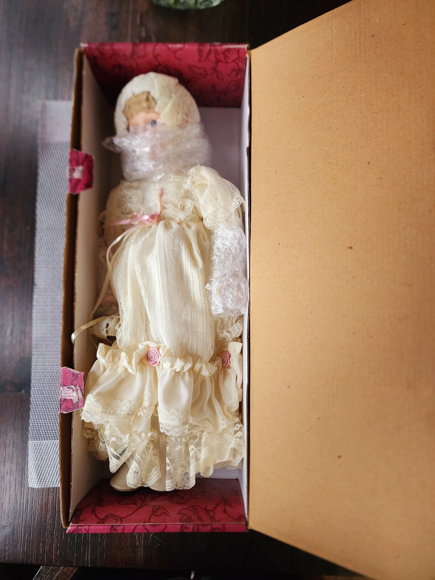 Ladybug Porcelain Doll Bride Doll Blonde Blue Eyes 17" Ivory Dress Rose Bouquet