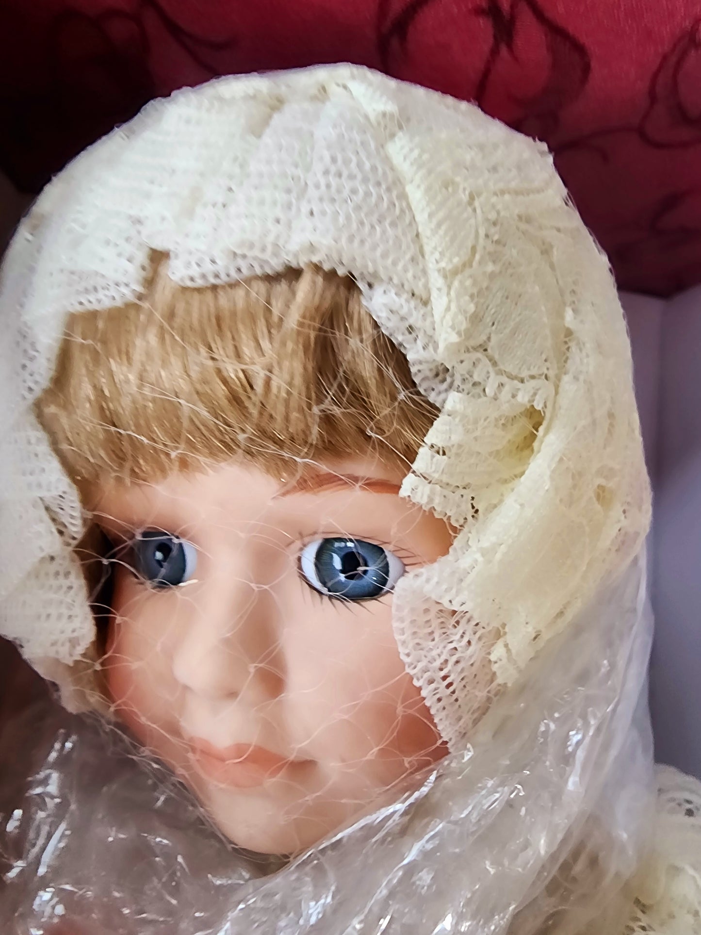 Ladybug Porcelain Doll Bride Doll Blonde Blue Eyes 17" Ivory Dress Rose Bouquet