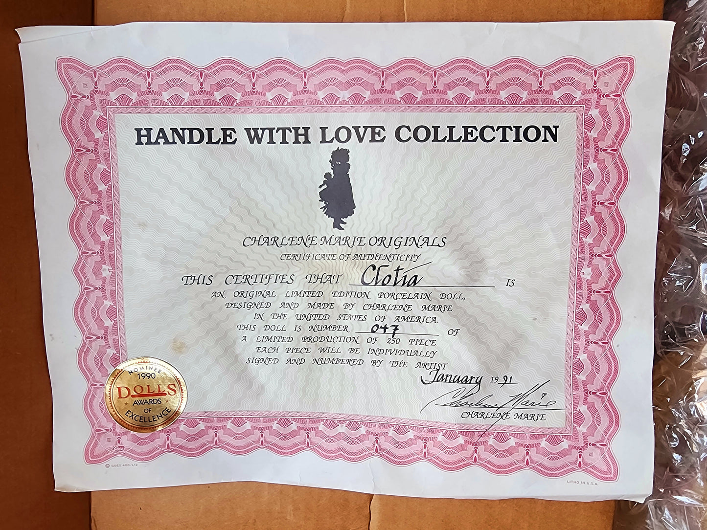 Charlene Marie Originals, "Clotia" Handle With Love Collection Original Doll All Porcelain 25" Limited Edition #47/250 COA, Signed by Artist, RARE