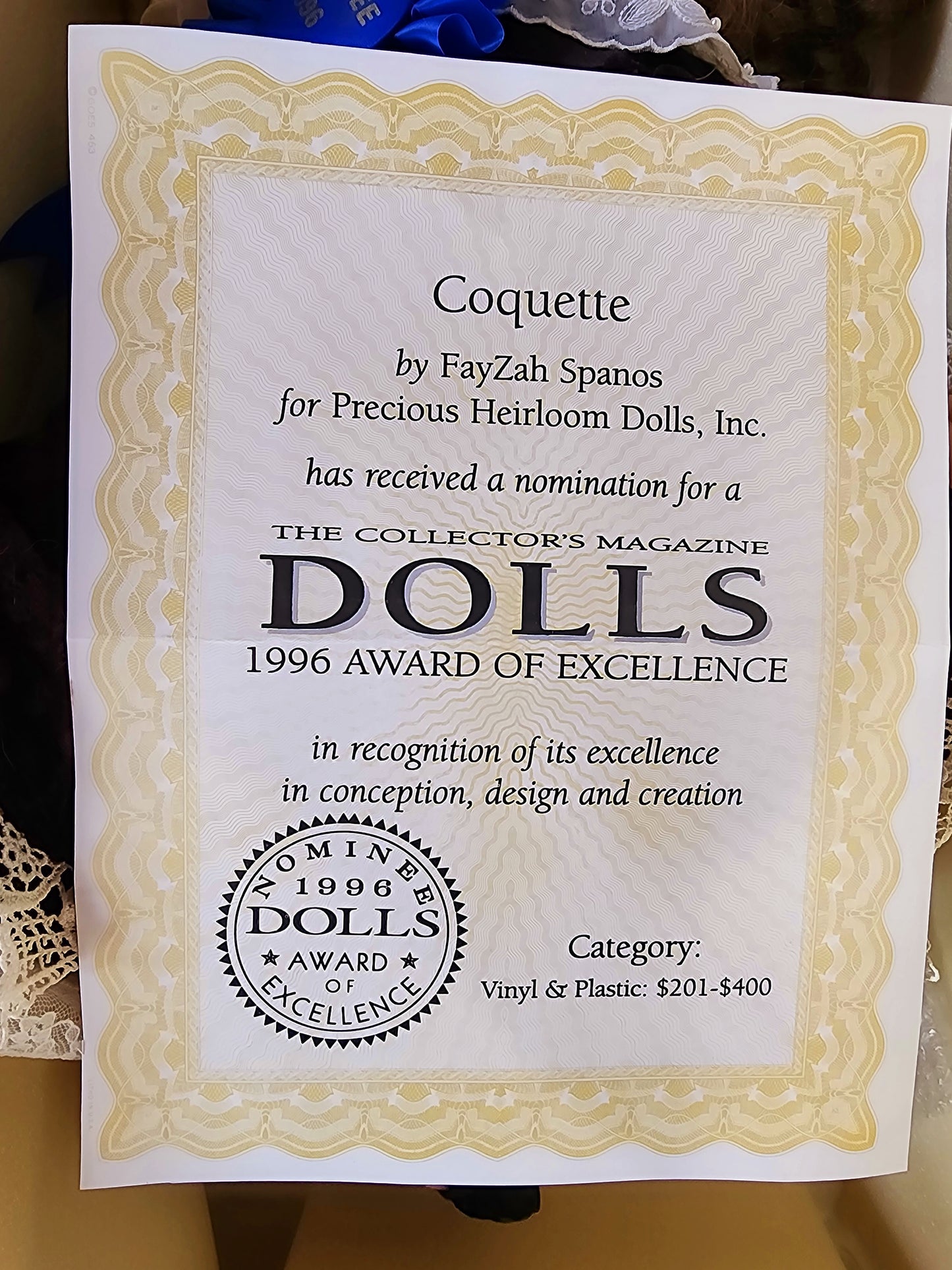 Precious Heirloom Doll Fayzah Spanos "Coquette" 16" Seated Limited Edition #547/2000, 1996 Nominee