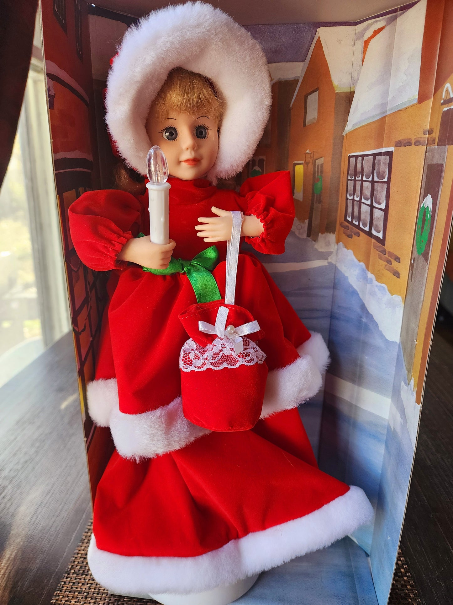 Holiday Moments Special Edition Porcelain Doll Woman Holding A Candle In A Red Velvet Dress, Stand In Box