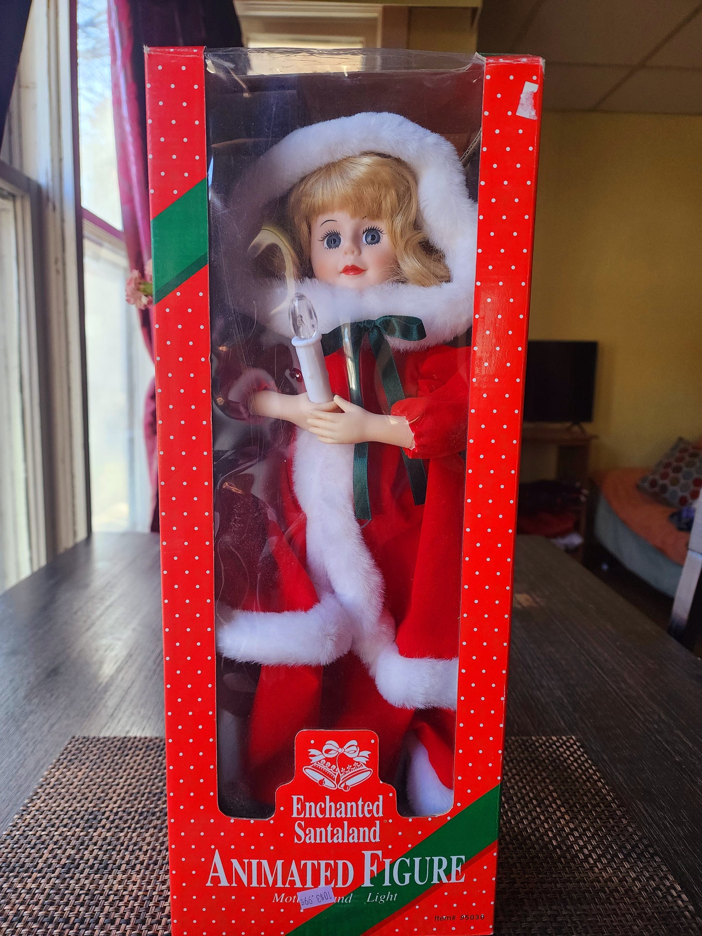 Enchanted Santaland Animated Figure Motion & Light, Blonde Woman Long Green Ribbon and Red Velvet Dress, Item #95030