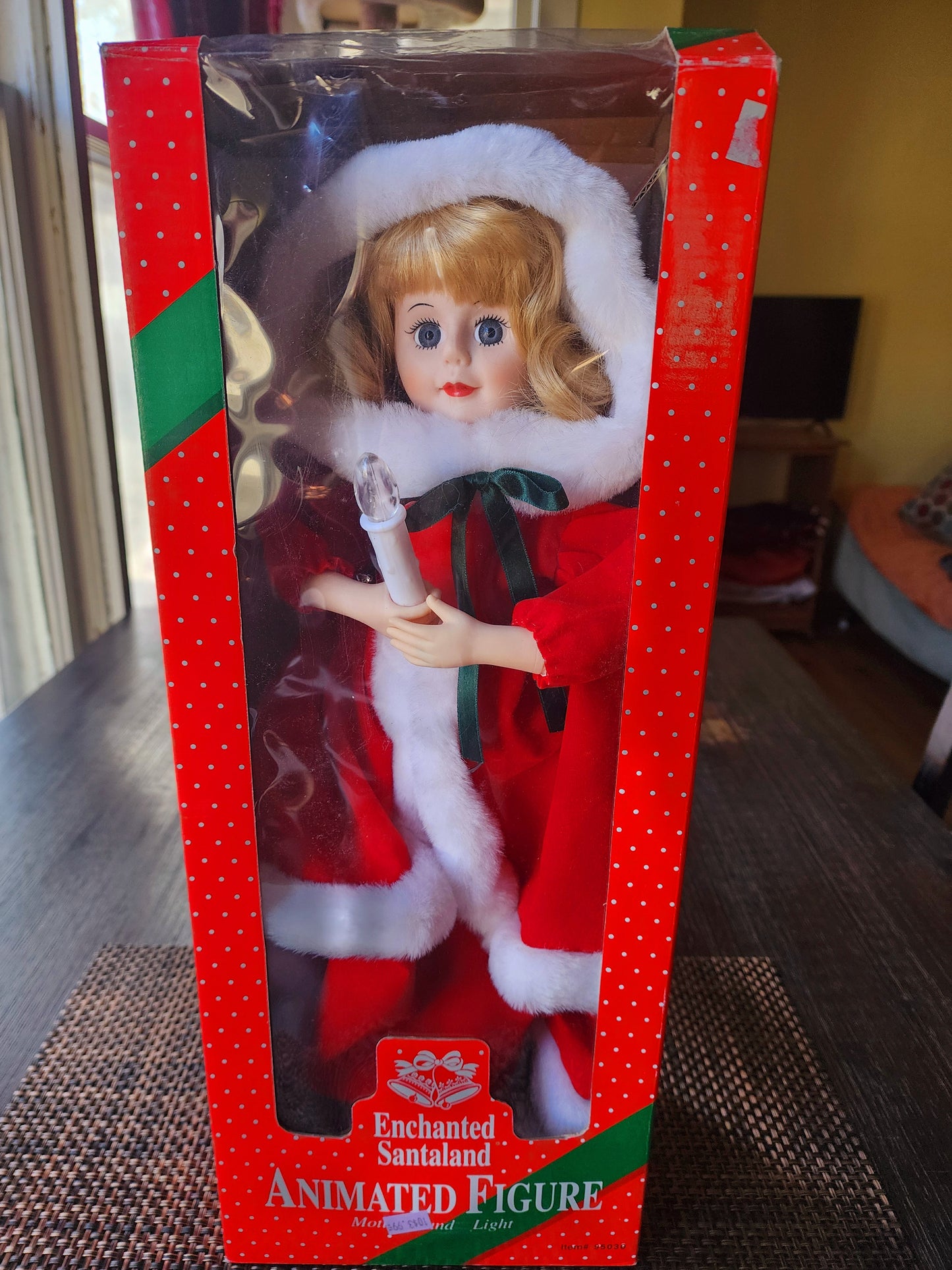 Enchanted Santaland Animated Figure Motion & Light, Blonde Woman Long Green Ribbon and Red Velvet Dress, Item #95030