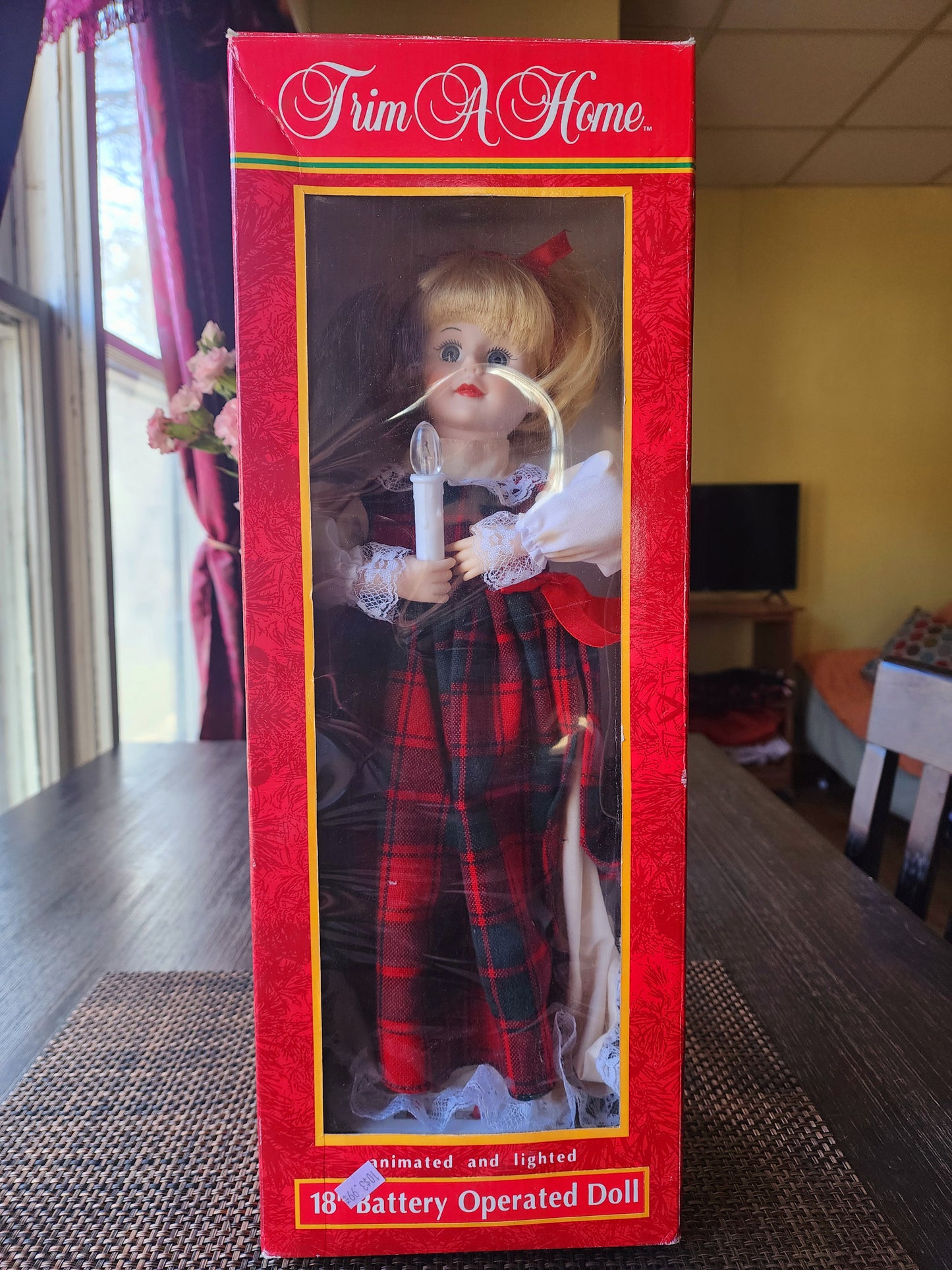 Trim A Home 18" Battery Operated Doll, Animated & Lighted, Woman In A Plaid Dress Holding A Candle