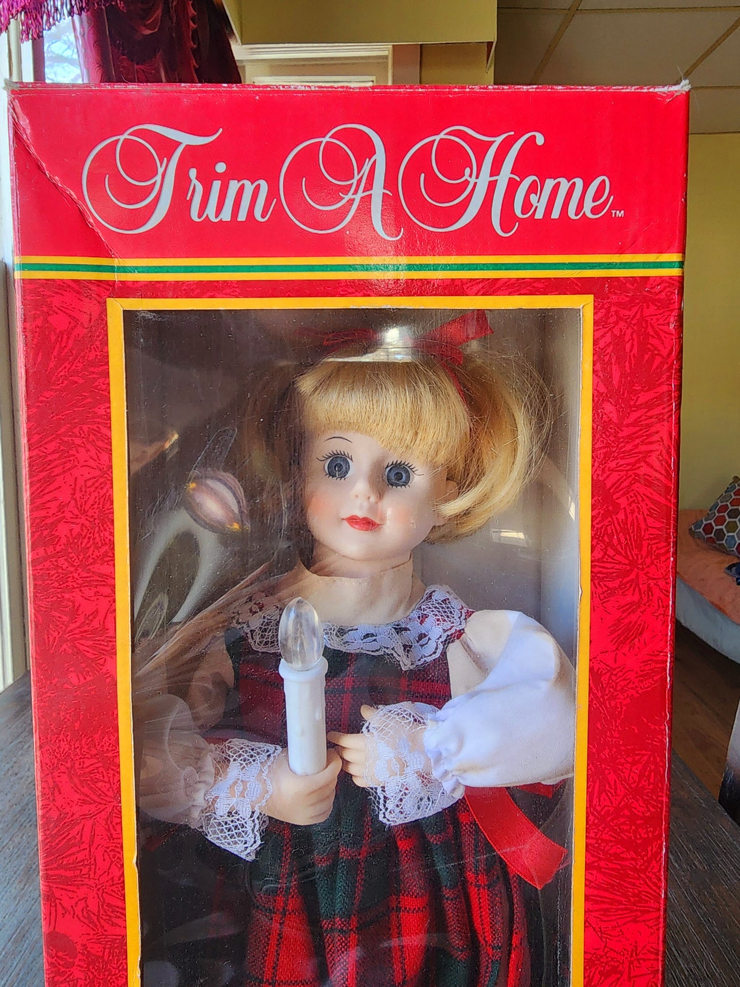 Trim A Home 18" Battery Operated Doll, Animated & Lighted, Woman In A Plaid Dress Holding A Candle