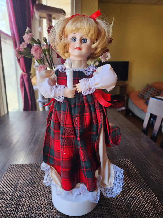 Trim A Home 18" Battery Operated Doll, Animated & Lighted, Woman In A Plaid Dress Holding A Candle