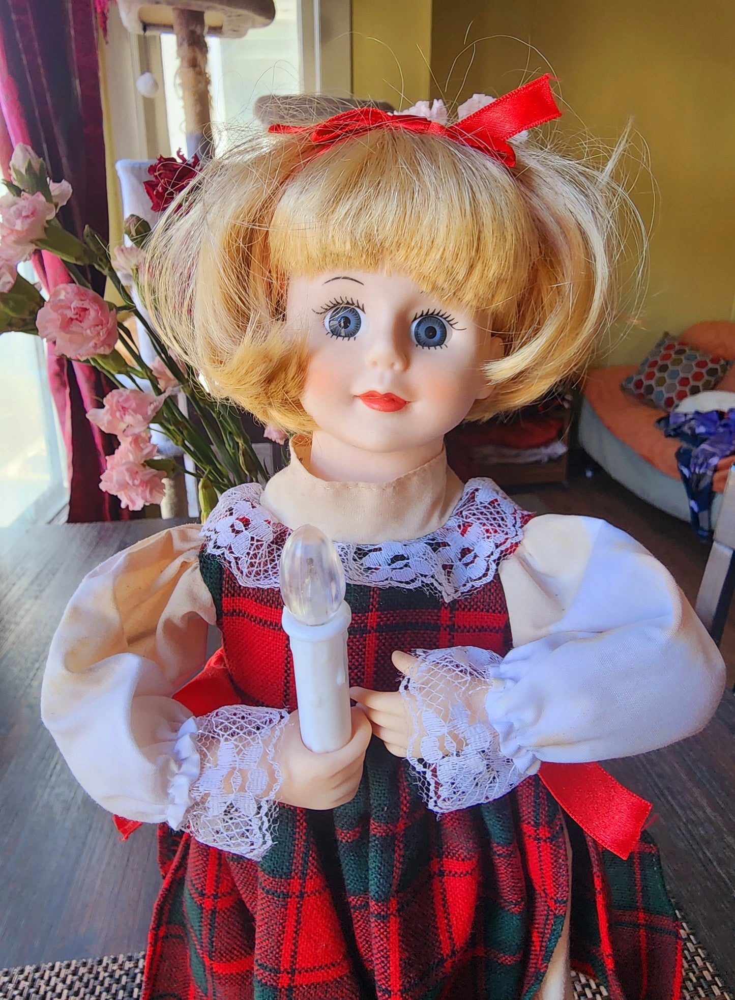 Trim A Home 18" Battery Operated Doll, Animated & Lighted, Woman In A Plaid Dress Holding A Candle