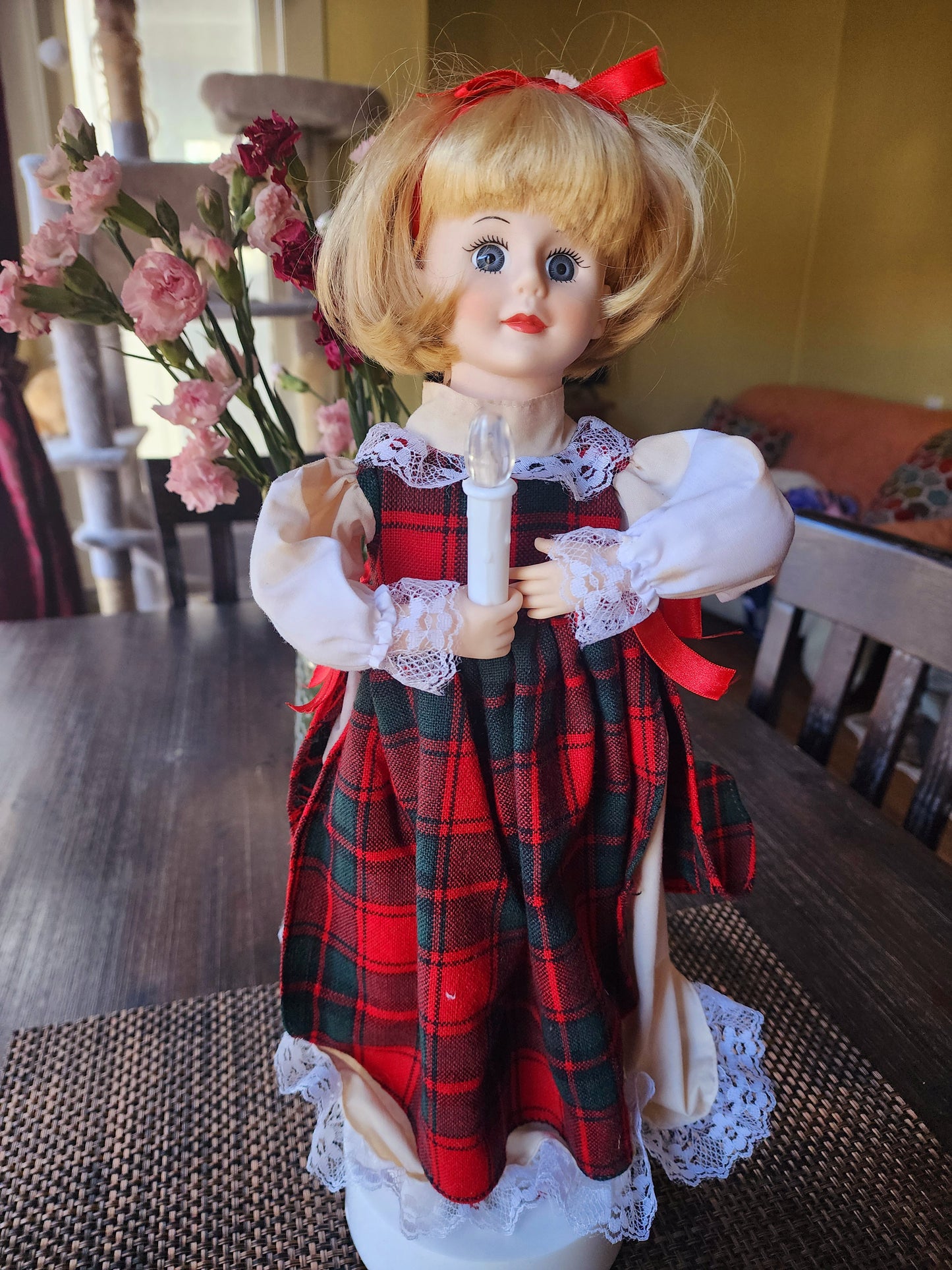 Trim A Home 18" Battery Operated Doll, Animated & Lighted, Woman In A Plaid Dress Holding A Candle