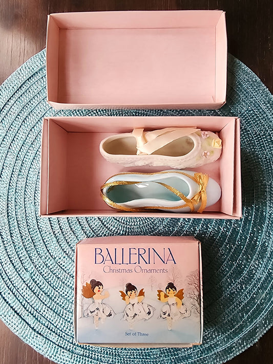 Vintage 1983 Handcrafted Wooden BALLERINA Christmas Ornaments (Set of 3 in Box) and Enesco Imports Ballet Slippers Ornament and Figurine