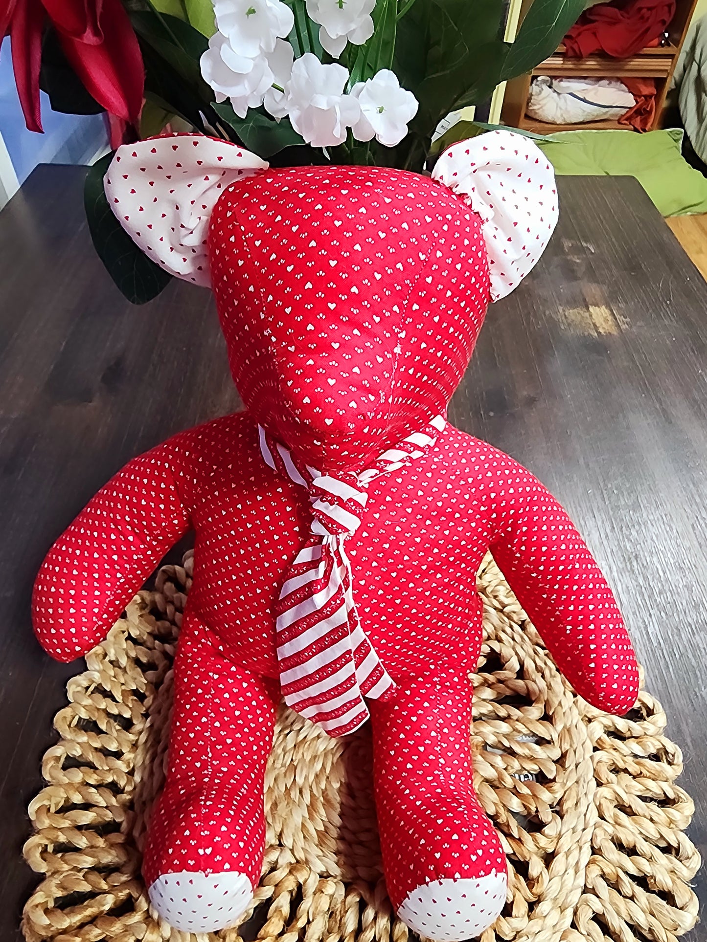 Vintage Handmade Red Heart Stuffed Teddy Bear with Tie