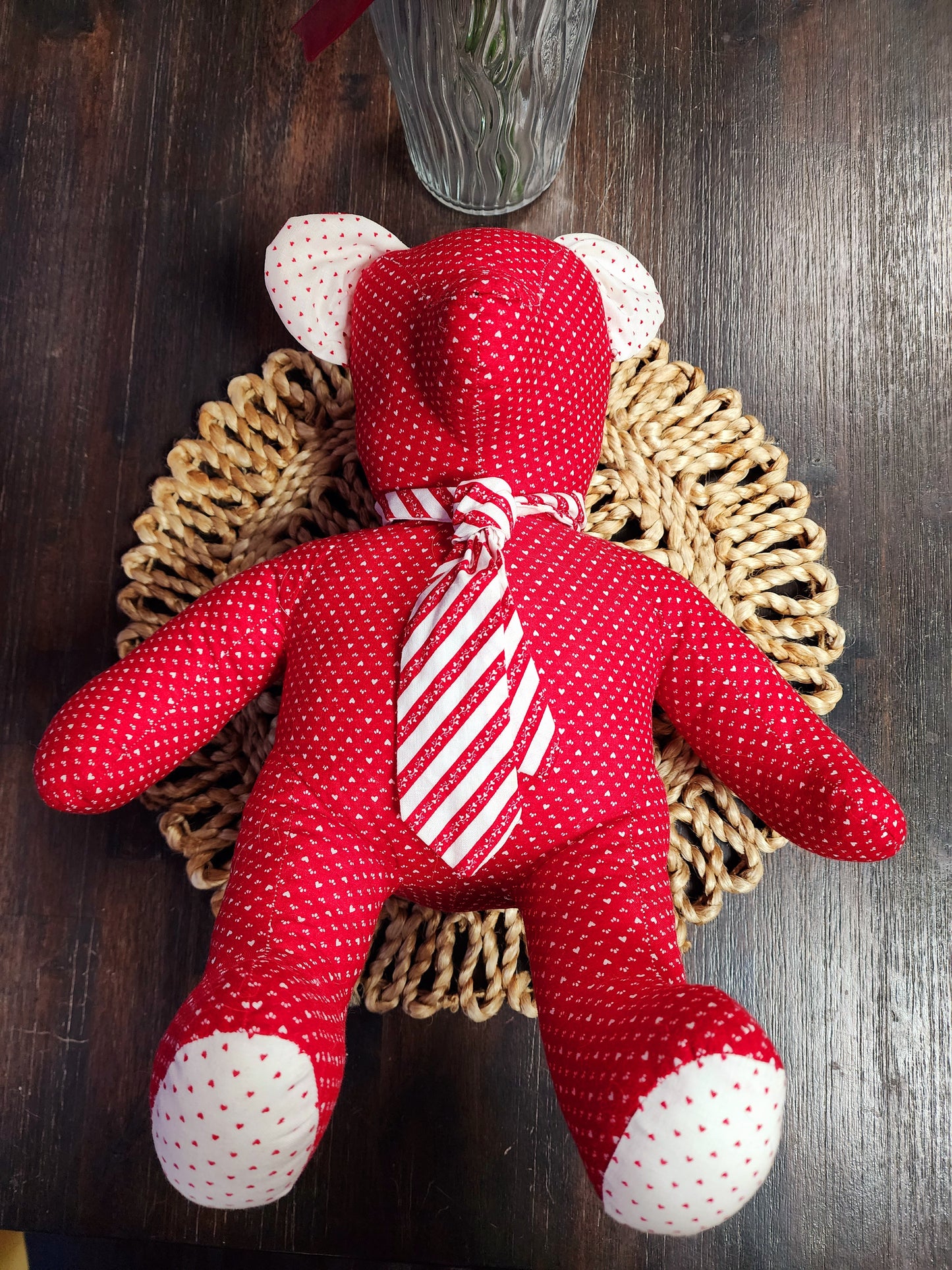 Vintage Handmade Red Heart Stuffed Teddy Bear with Tie