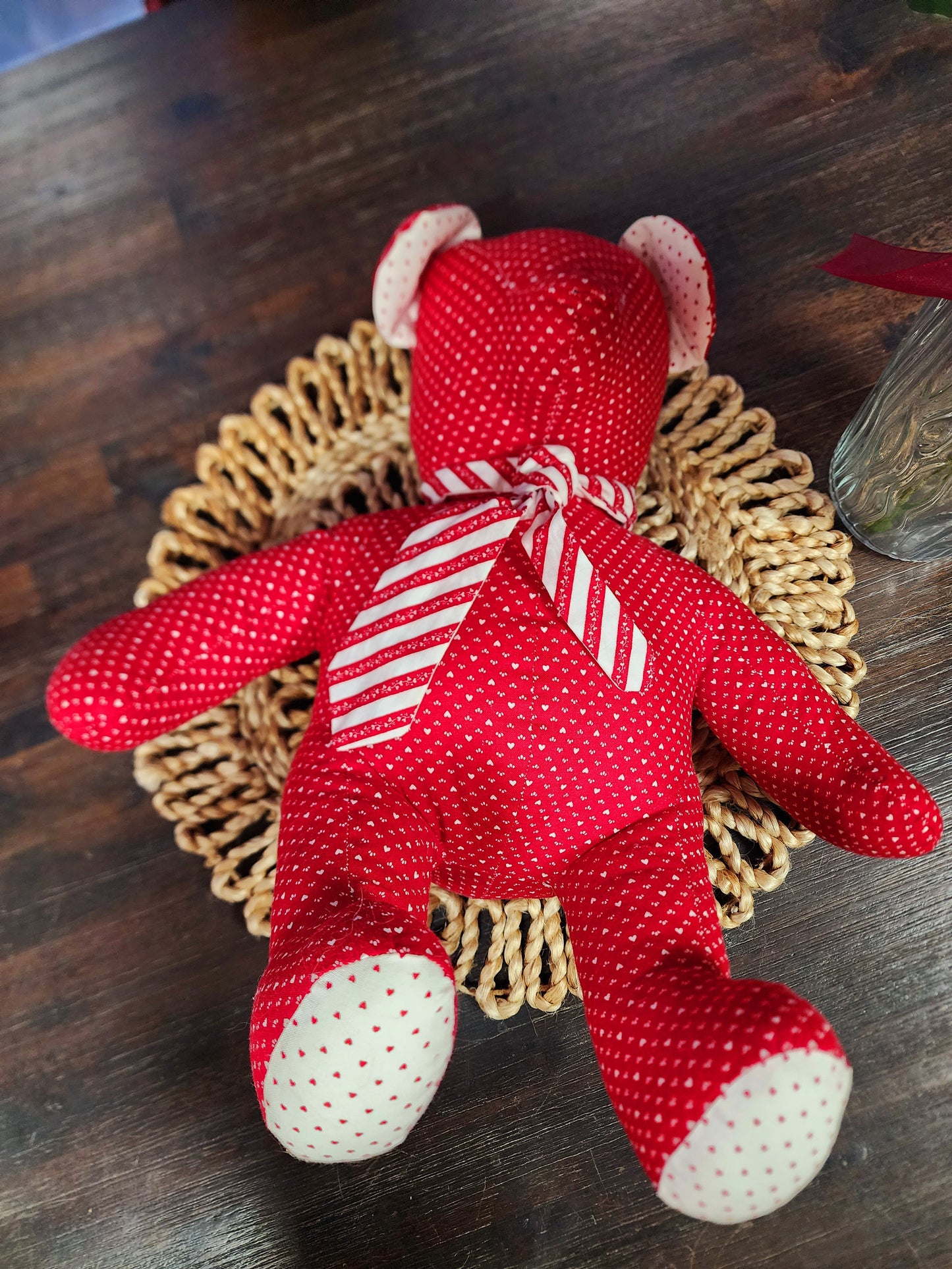 Vintage Handmade Red Heart Stuffed Teddy Bear with Tie