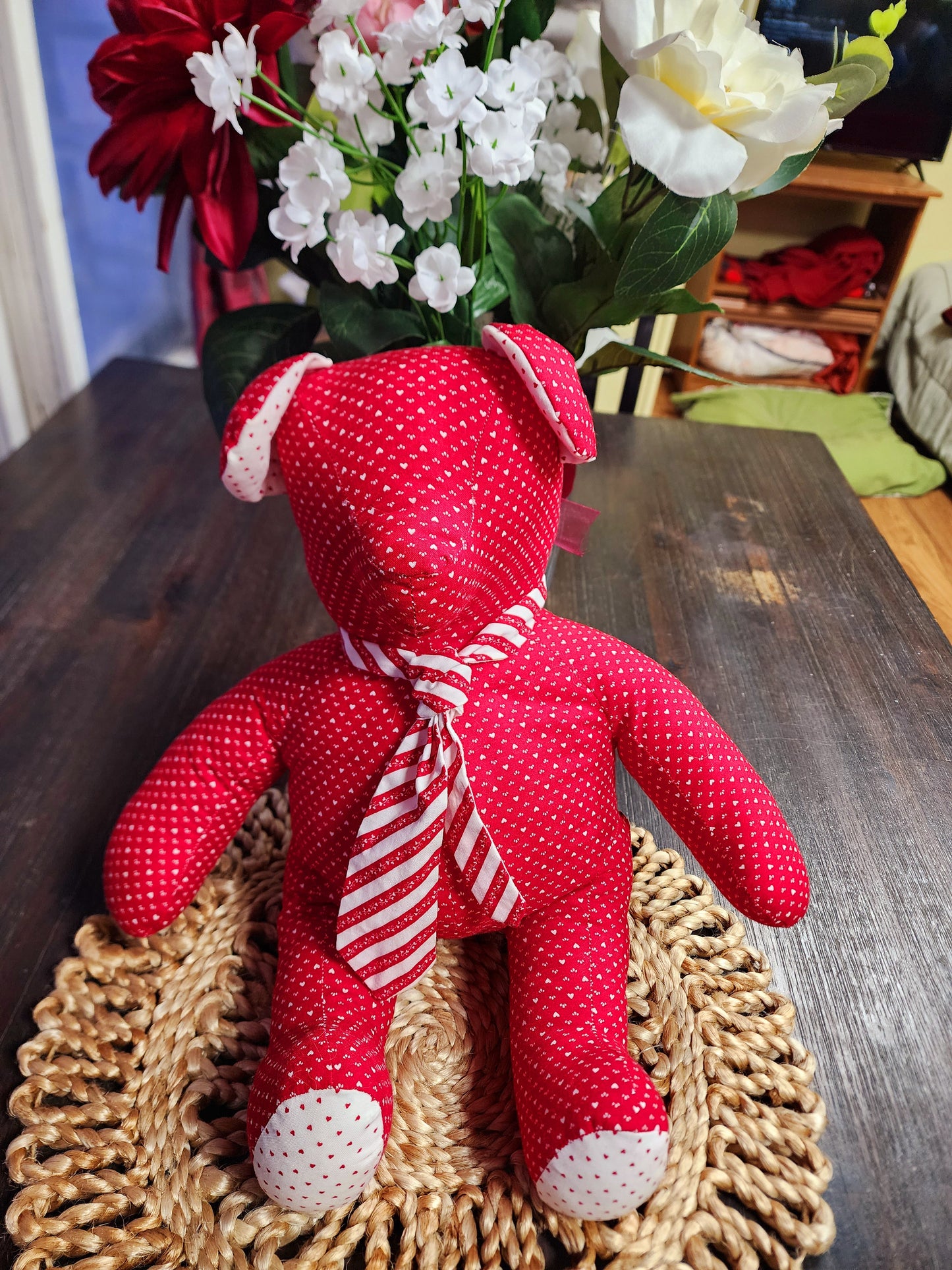 Vintage Handmade Red Heart Stuffed Teddy Bear with Tie