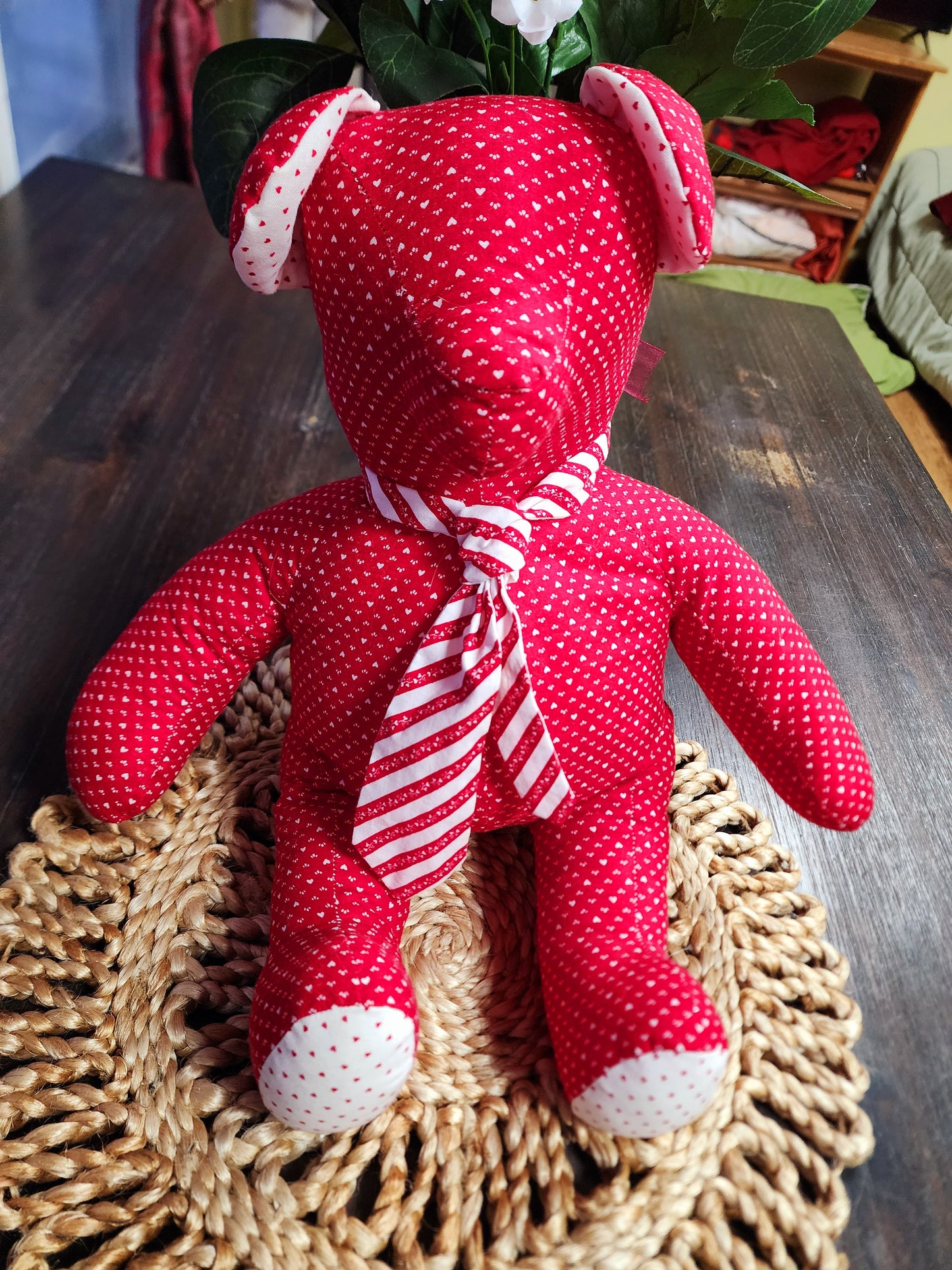 Vintage Handmade Red Heart Stuffed Teddy Bear with Tie