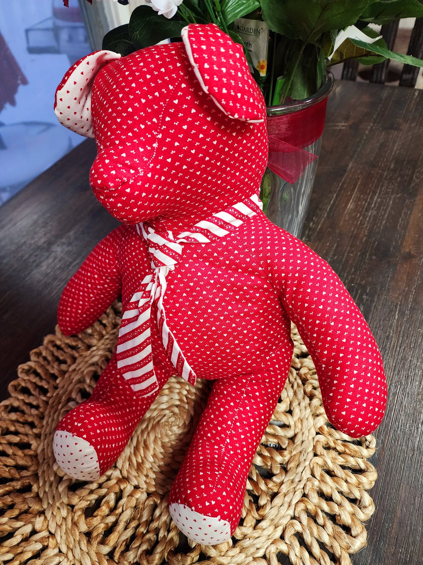 Vintage Handmade Red Heart Stuffed Teddy Bear with Tie