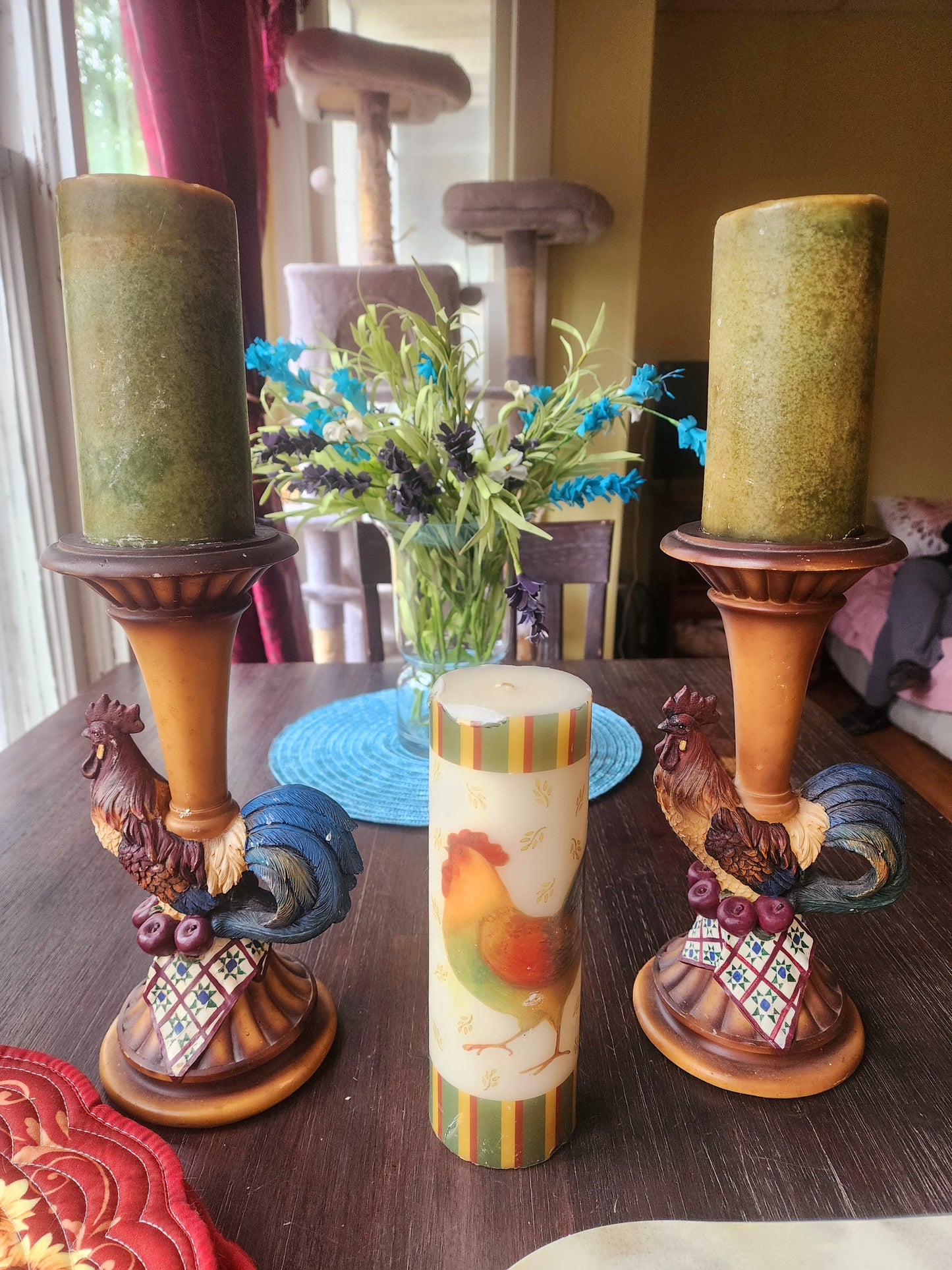 Vintage Rooster Kitchen Set - Candle Holders, 3 Candles, & Placemat Sets