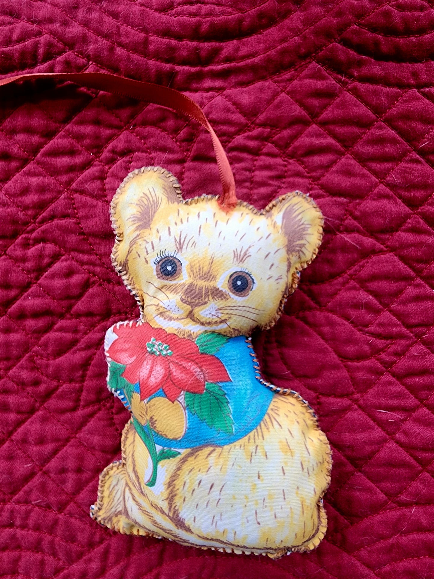4 Vintage 1970's Fabric Handmade Stuffed Bunny & Cats Christmas Ornaments