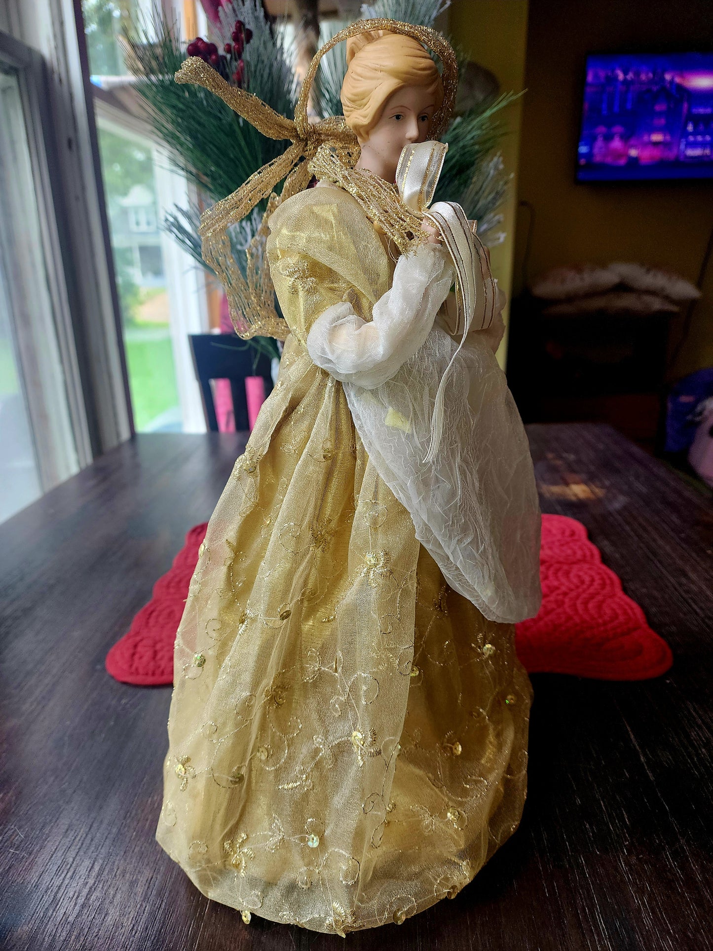 Angel Christmas Tree Topper in Gold Dress & Ribbon 16" Tall