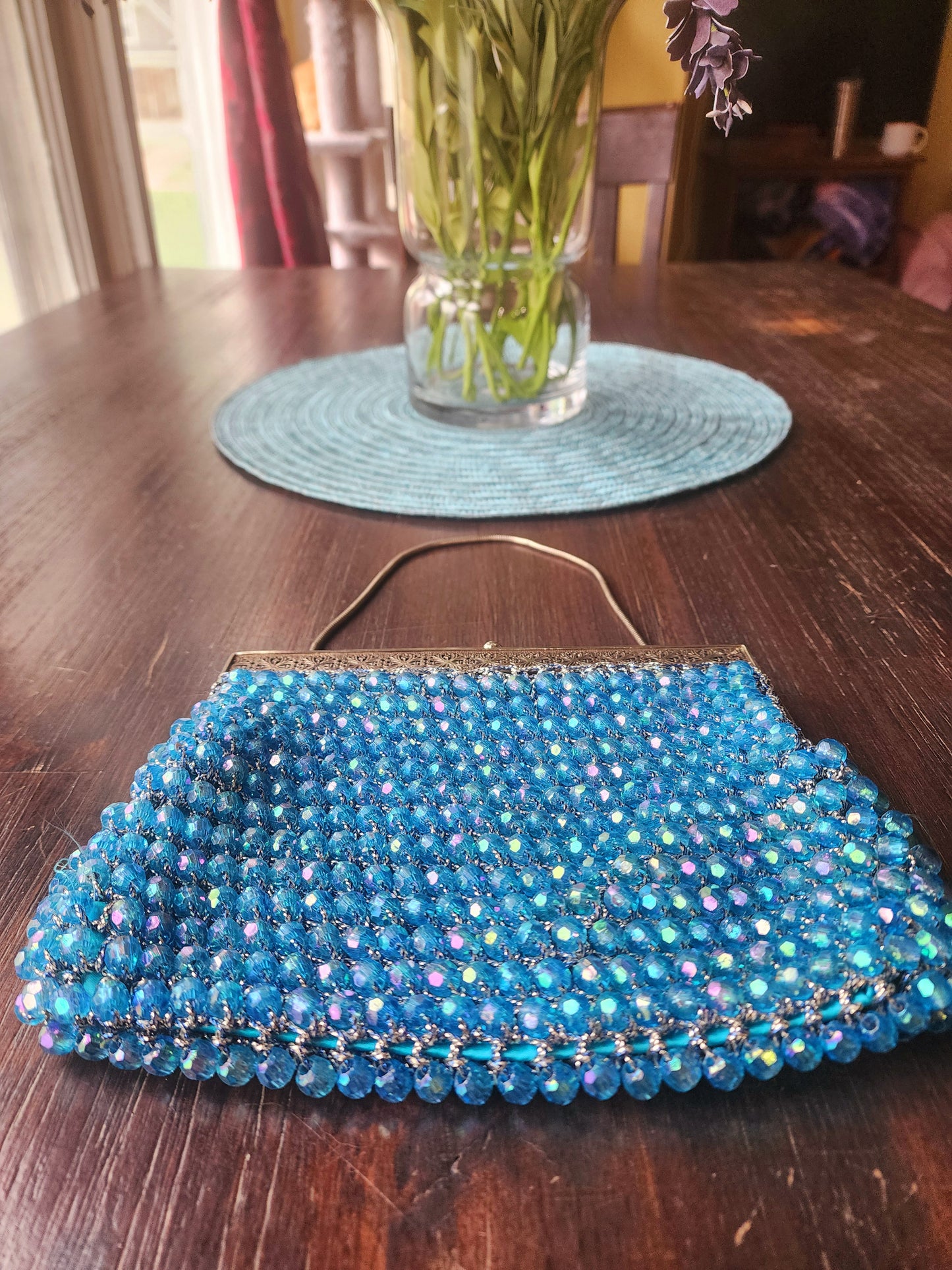 Vintage Shiny Blue Beaded Evening Purse With Silver Design and Close Clasp