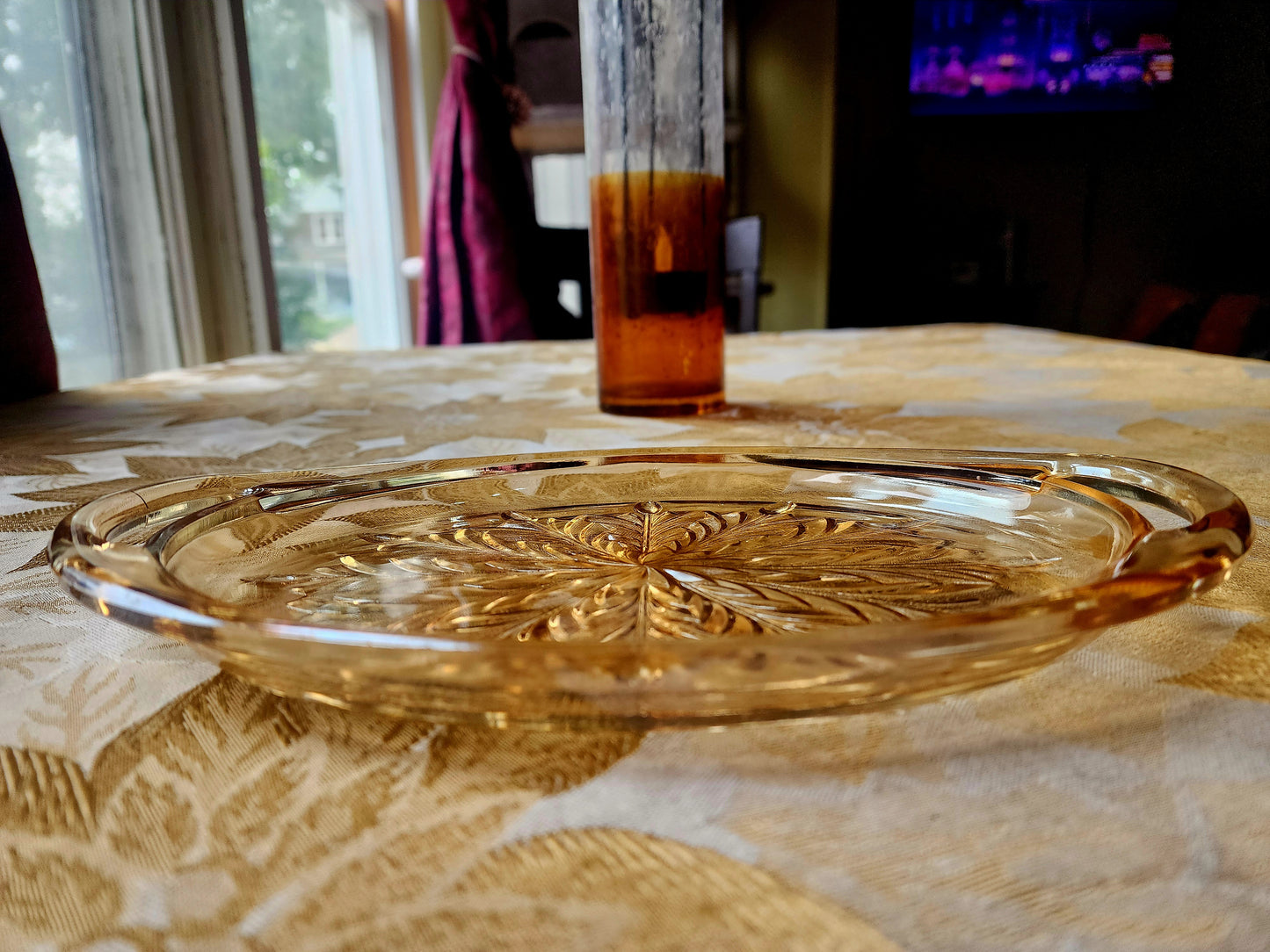 Vintage Amber Pressed Oval Glass Relish Tray Snowflake Embossed Pattern 10" x 6"