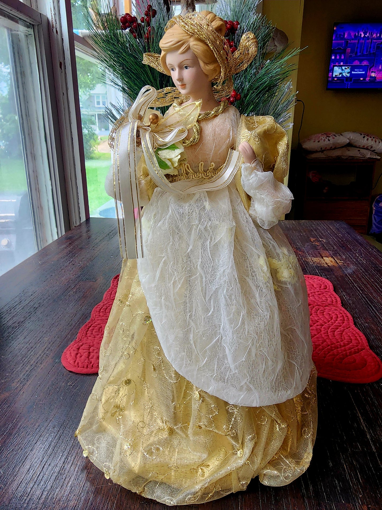 Angel Christmas Tree Topper in Gold Dress & Ribbon 16" Tall