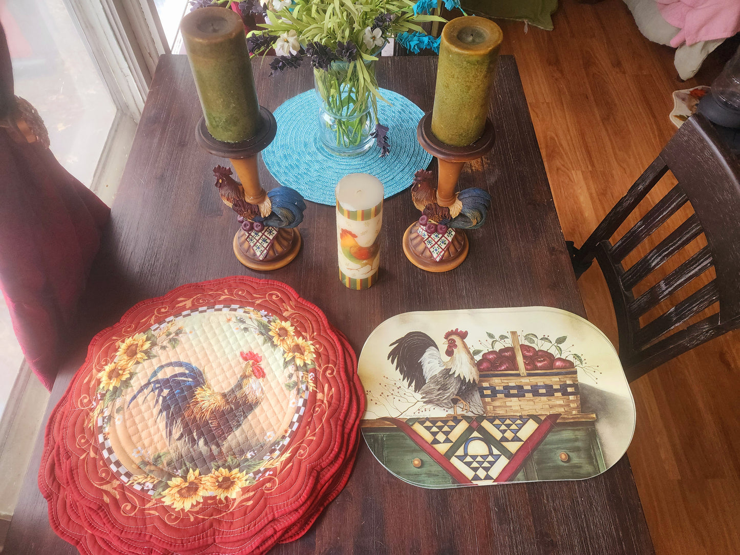 Vintage Rooster Kitchen Set - Candle Holders, 3 Candles, & Placemat Sets