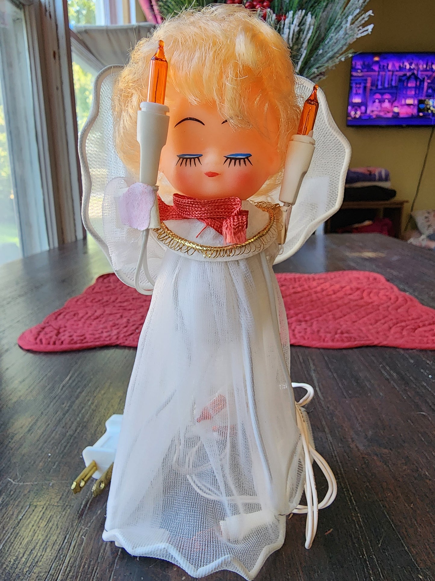 Vintage 1960s Christmas Angel Tree Topper with Blonde Curly Hair 8" Lights Up WORKS