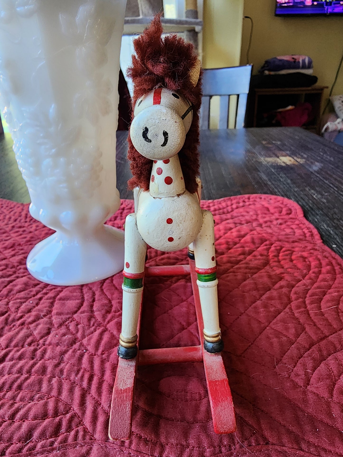 Vintage Hand Painted White Wooden Rocking Horse Christmas Decoration Figurine