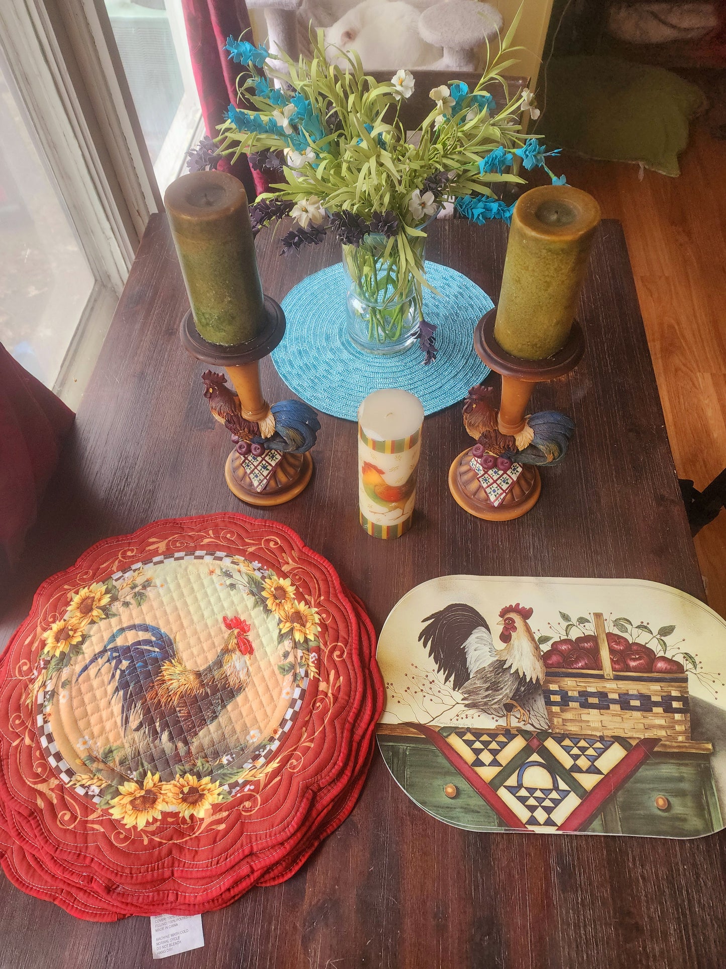 Vintage Rooster Kitchen Set - Candle Holders, 3 Candles, & Placemat Sets