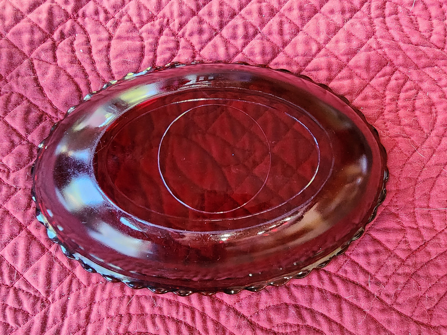 Vintage Oval Rub Red Ruffle Edge Serving Bowl Glass 8 1/2 inches