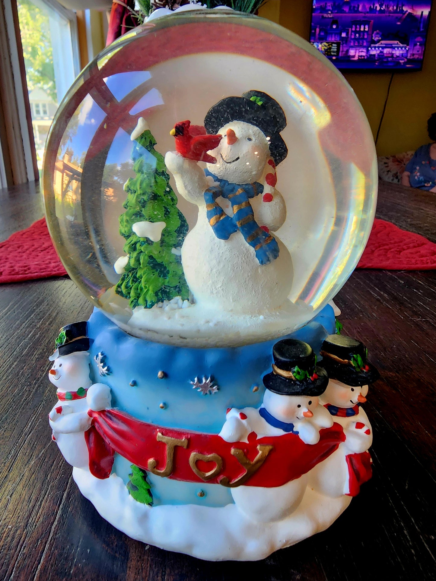 Vintage Christmas Snowman with Cardinal Snow Globe Music Box "Joy" on the side