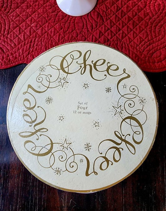 Set of 4 Coffee Mugs Cheer White Cups Gold Print Stars Snowflakes Original Box