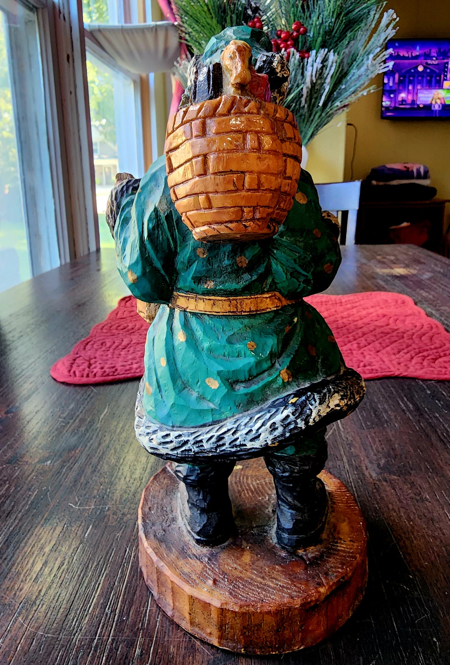 Wooden Vintage Folk Art Green Suit Santa Holding Lantern and Sack of Toys