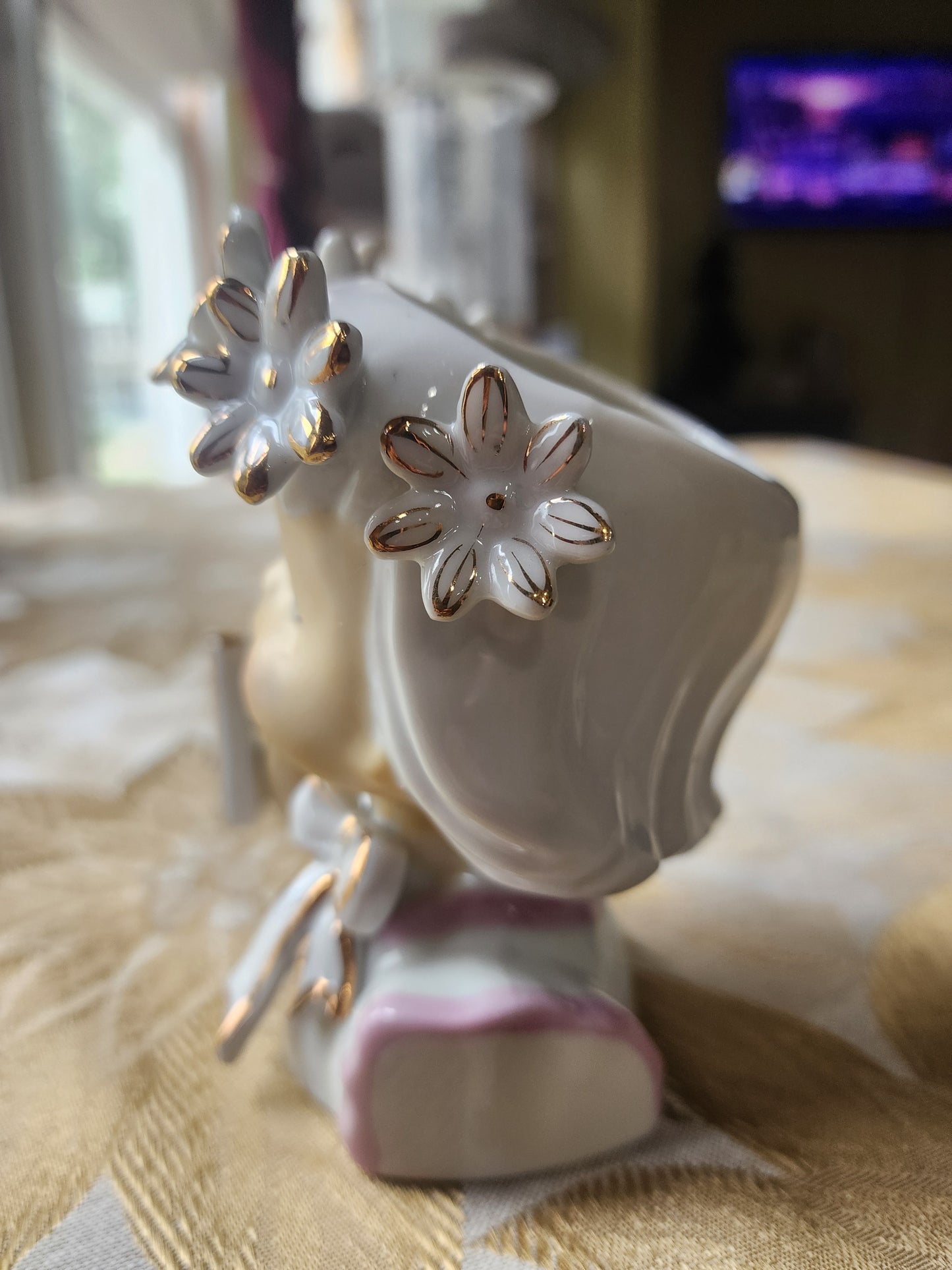 Vintage Napco Head Vase Girl with Floral Crown, Bow, Pink and White Dress 1950s