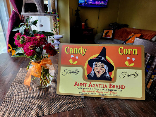 Vintage Halloween Metal Sign AUNT AGATHA BRAND CANDY CORN Vintage 15.5"×9.5"
