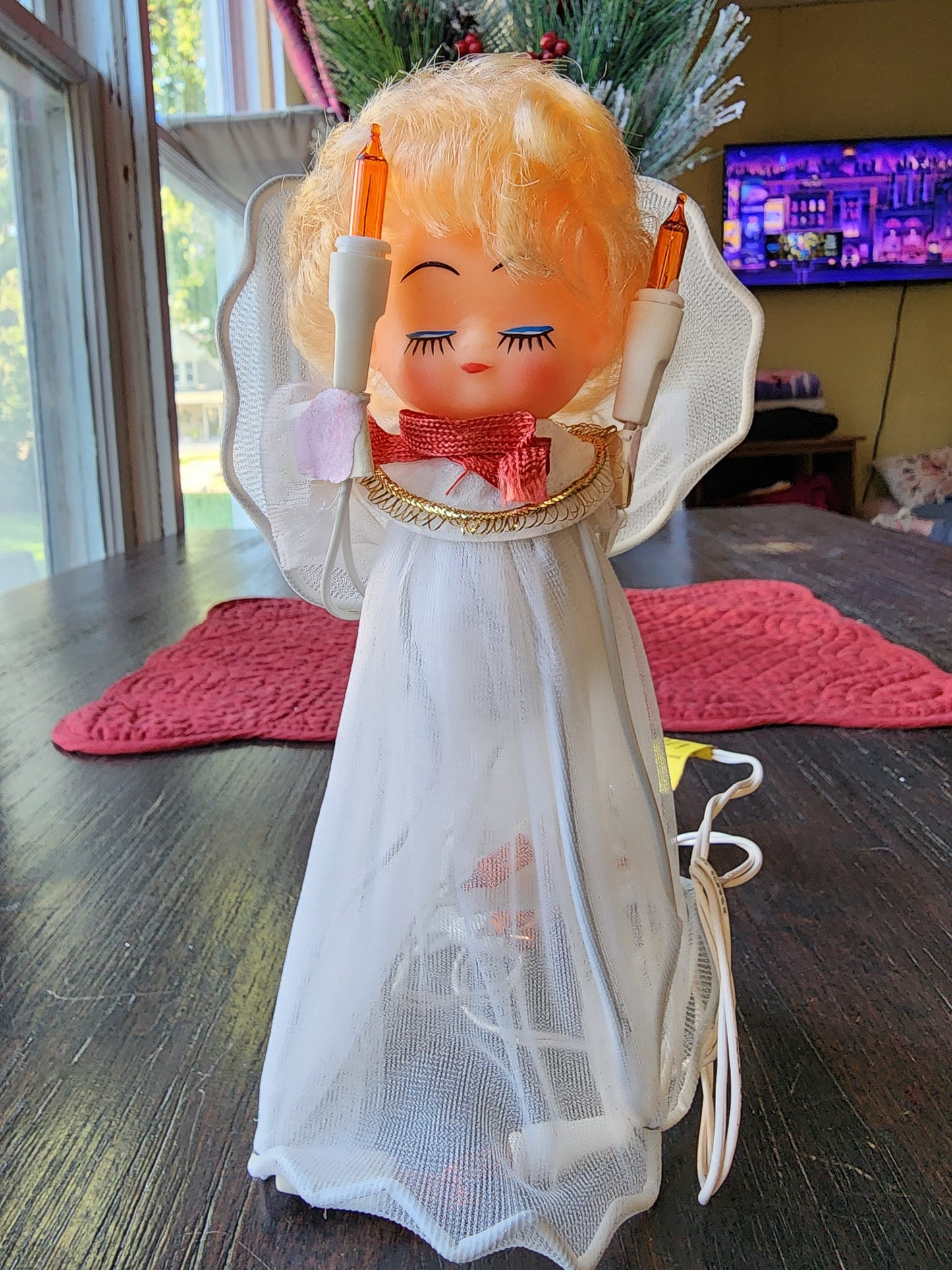 Vintage 1960s Christmas Angel Tree Topper with Blonde Curly Hair 8" Lights Up WORKS